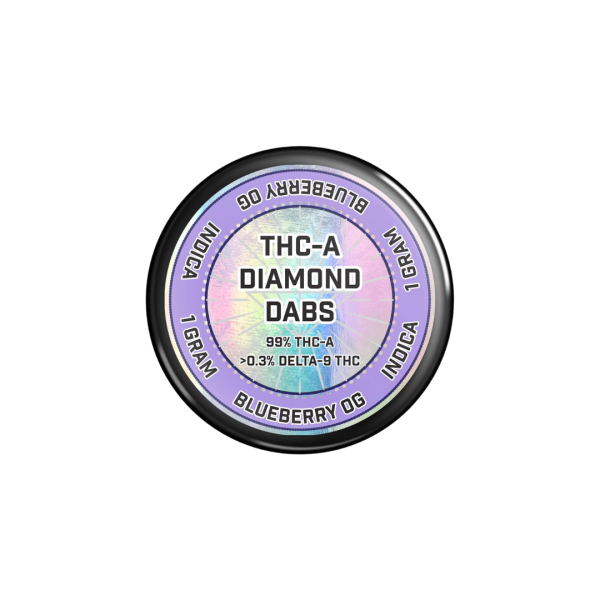 jar of THCA diamonds with purple metallic label and transparent background