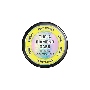 Jar of THCA Diamonds with a metallic yellow label and transparent background