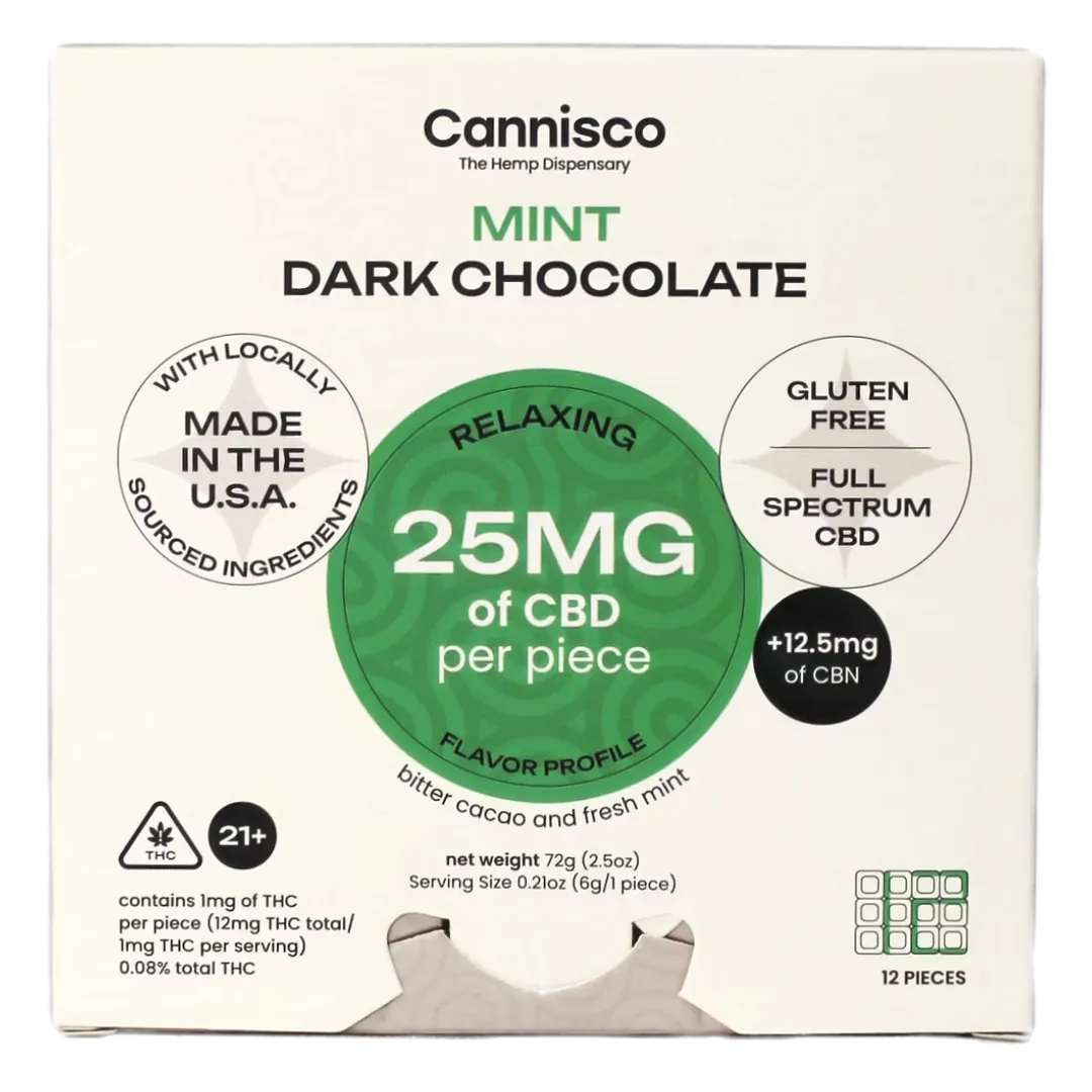 Cannisco Full Spectrum CBD Mint Dark Chocolate is a full spectrum edible