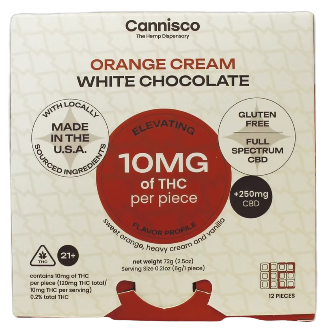 Cannisco THC/CBD Orange Cream White Chocolate contains 120mg THC and 3000mg CBD per bar
