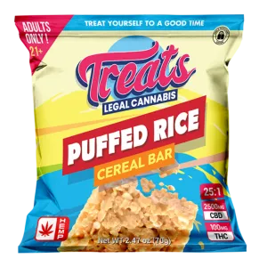THC Puffed Rice Cereal Bar contains 100mg of THC and 2500mg of CBD