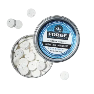 THCV/CBG Peppermint Chewable Tablets contain 10mg of THCV and 10mg of CBG per tablet