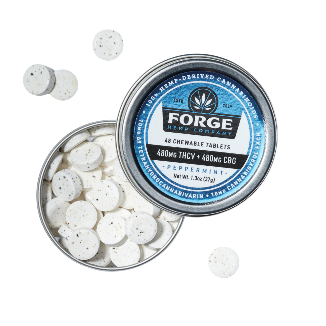 THCV/CBG Peppermint Chewable Tablets contain 10mg of THCV and 10mg of CBG per tablet