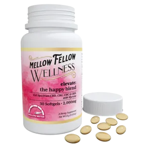 Mellow Fellow Elevate Soft Gels contains CBD, CBG, CBC, THC and CBDv