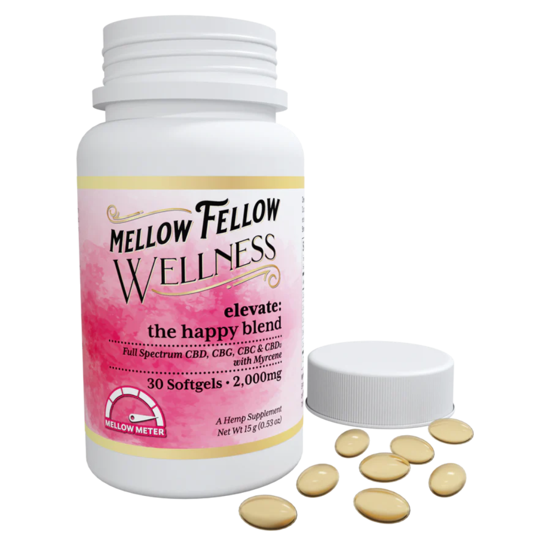 Mellow Fellow Elevate Soft Gels contains CBD, CBG, CBC, THC and CBDv