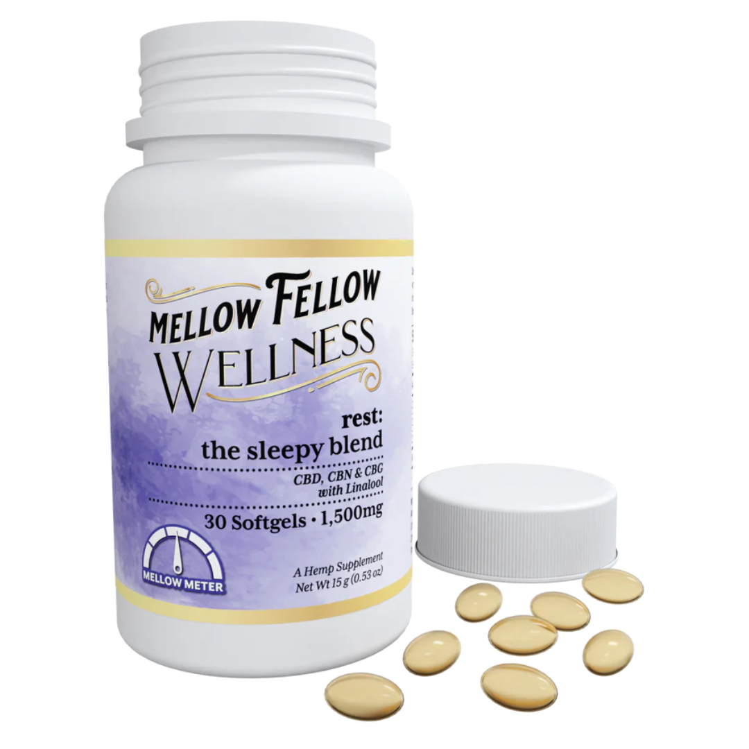 Mellow Fellow Rest Soft Gels contain CBN, CBG, CBD