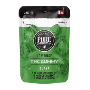 Pure Shenandoah Guava Microdose Gummy in individually wrapped green branded child resistant bag