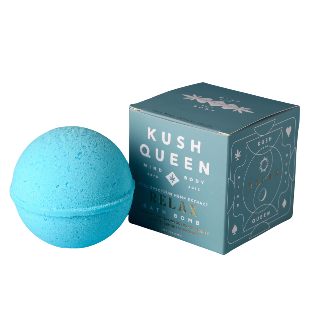 Kush Queen Relax THC/CBD Bath Bomb contains 25mg THC and 25mg CBD