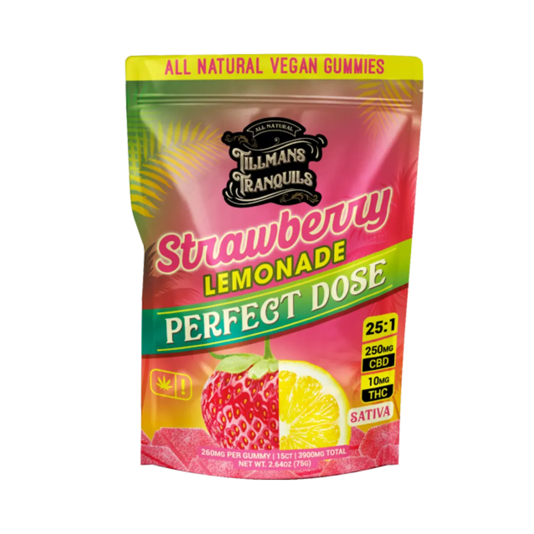 Tillmans Tranquils Strawberry Lemonade Sativa Gummies contain a 25:1 ratio of CBD:THC