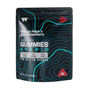 Wunderkind Hybrid Delta 9/CBD/CBG Raspberry Gummies contain 15mg THC, 400mg CBD and 5mg CBG per gummy