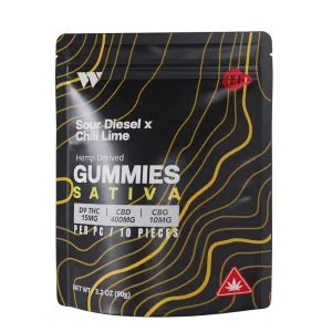 Wunderkind Sativa Delta 9/CBD/CBG Chili Lime Gummies contain 15mg THC, 400mg CBD and 10mg CBG per gummy