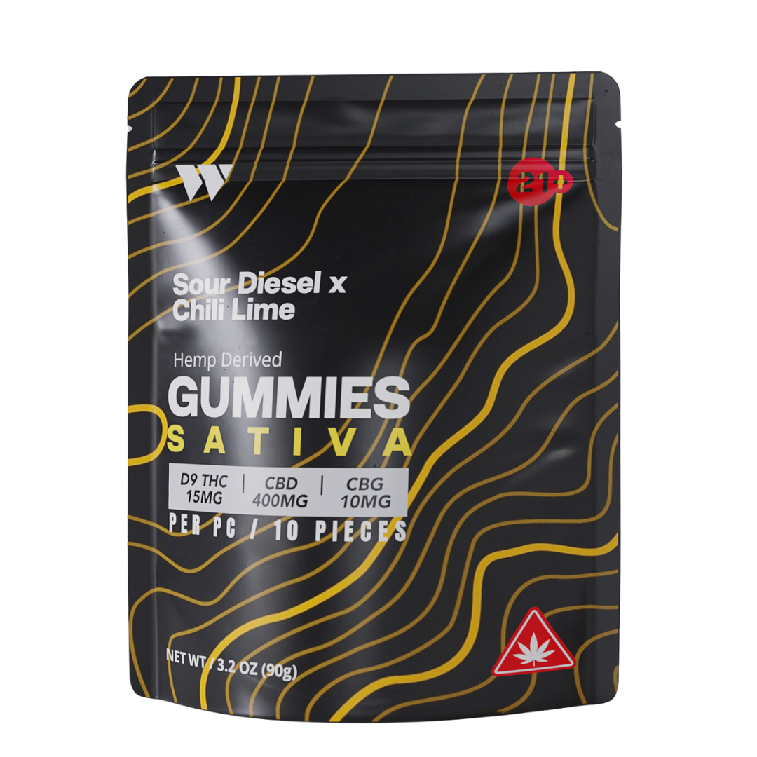 Wunderkind Sativa Delta 9/CBD/CBG Chili Lime Gummies contain 15mg THC, 400mg CBD and 10mg CBG per gummy