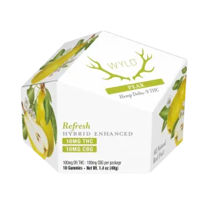 Wyld's Hybrid Delta 9/CBG Pear Gummies contain 10mg THC