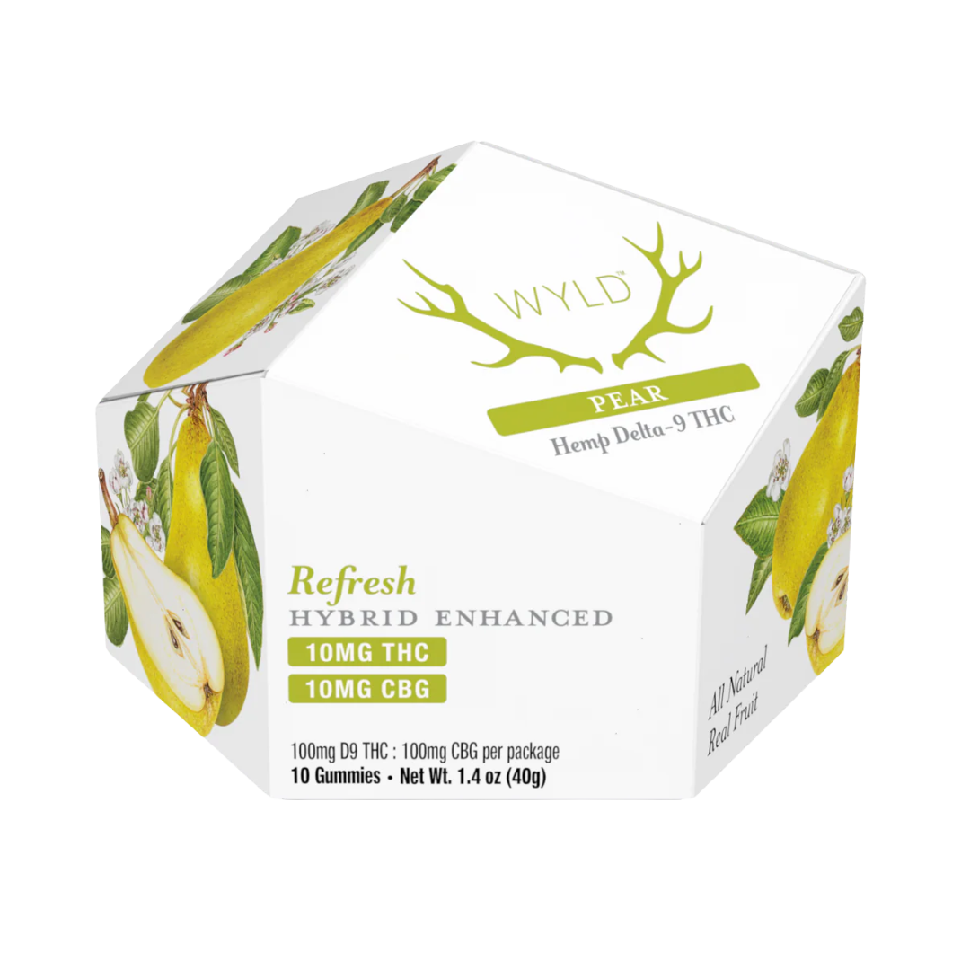 Wyld's Hybrid Delta 9/CBG Pear Gummies contain 10mg THC