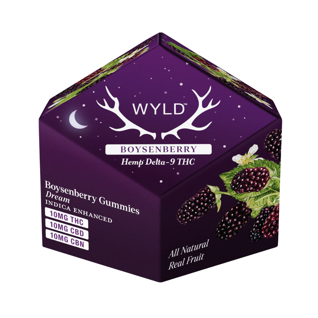Wyld Indica THC/CBD/CBN Boysenberry Gummies contain 10mg of each