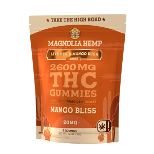 Magnolia Hemp Indica THC/CBD Mango Bliss Gummies contain 20mg THC