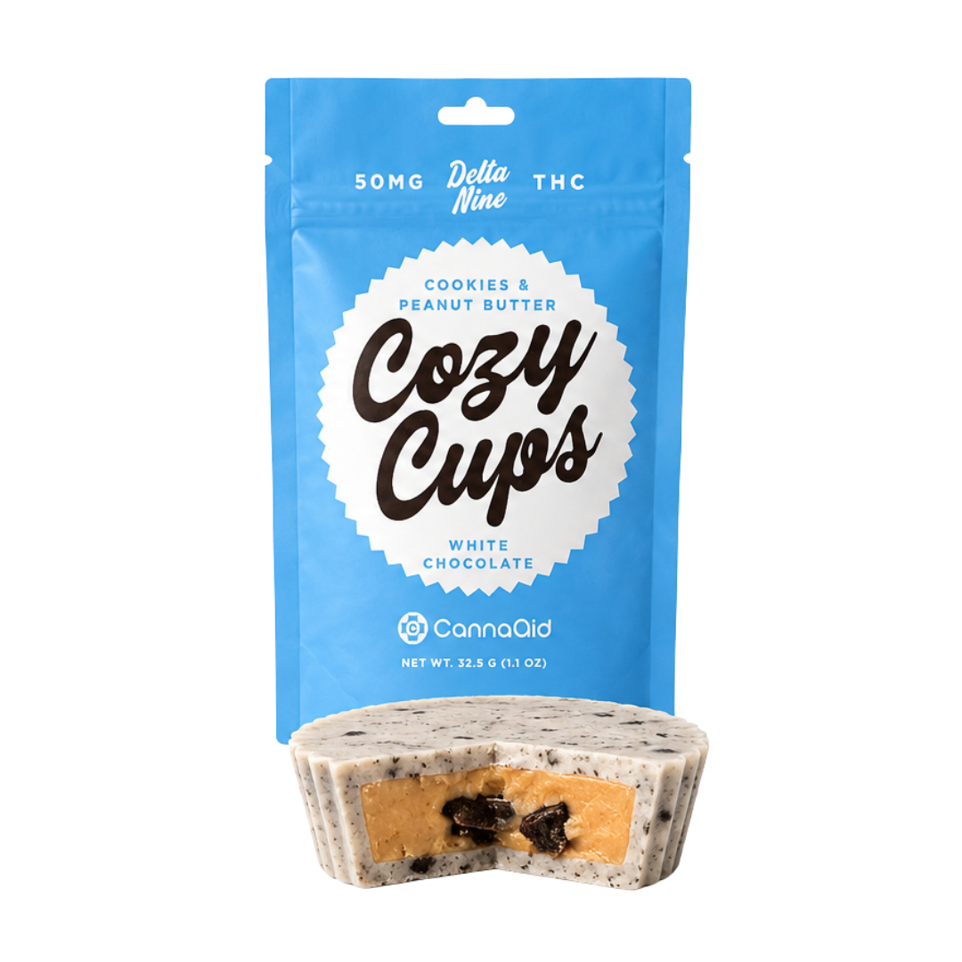 CannaAid Cookies & Peanut Butter White Chocolate Cup with a peanut butter inside and cookies & cream white chocolate outer layer