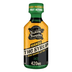 Tillman's Tranquils THC Mango Syrup, a hemp-derived Delta 9 THC drink syrup bottle