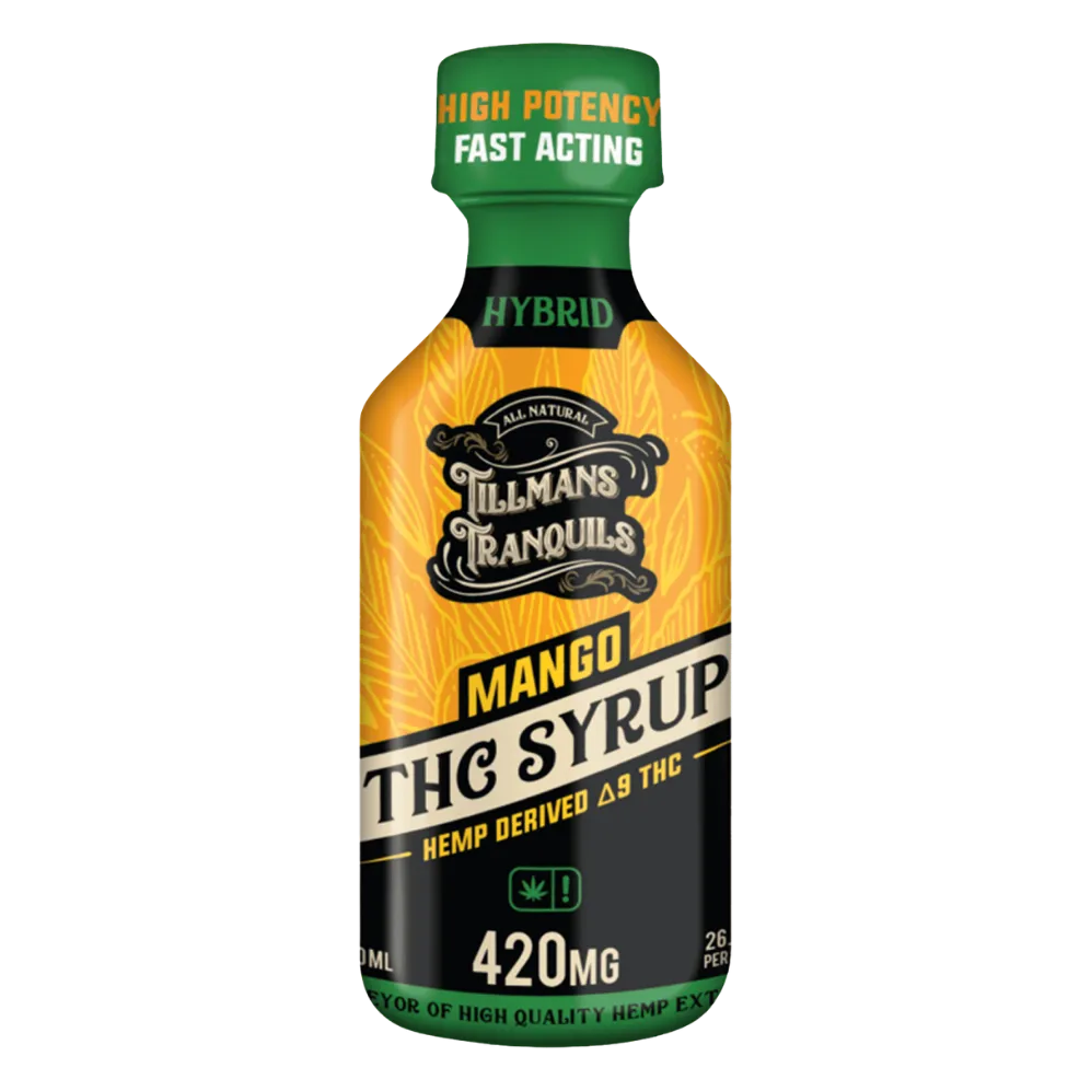 Tillman's Tranquils THC Mango Syrup, a hemp-derived Delta 9 THC drink syrup bottle