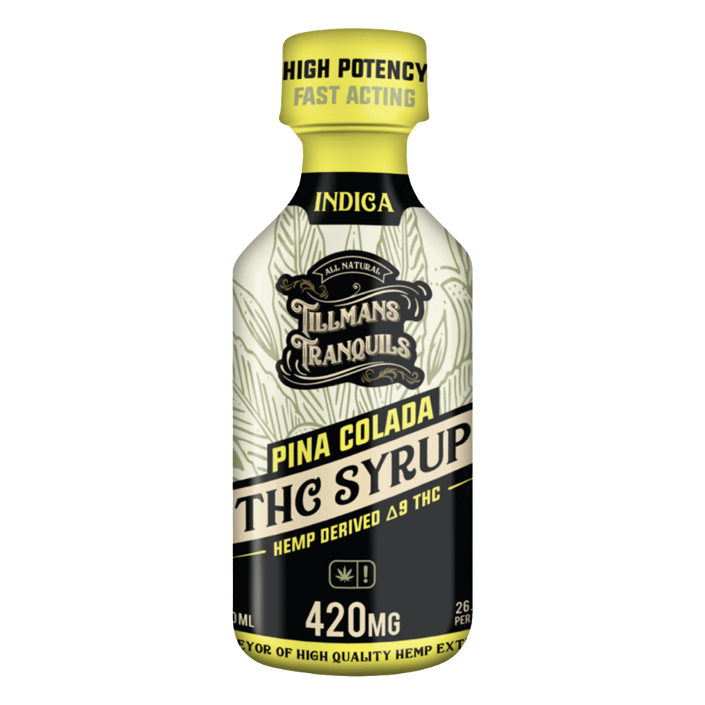 Tillman's Tranquils THC Pina Colada Syrup, a hemp-derived Delta 9 THC drink syrup bottle